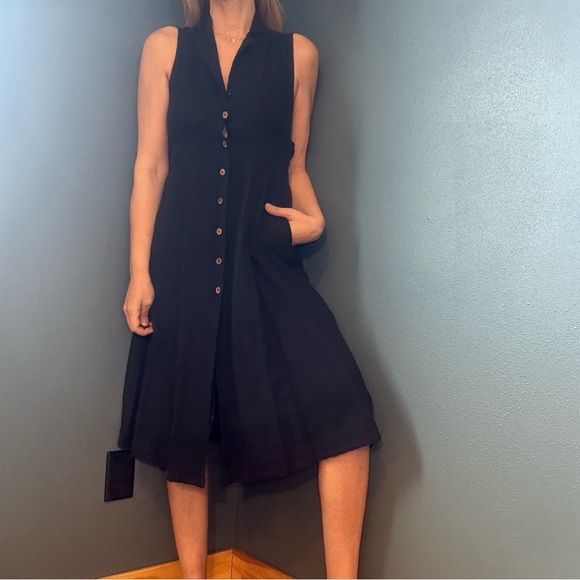 Free People Dresses & Skirts - Free People Black Cotton Button Front Halter Dress with Open Back Size Small